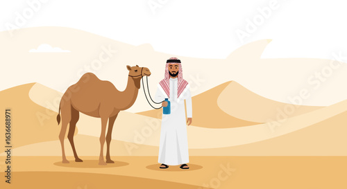 Arabian Man Leading a Camel Through the Desert Landscape with Traditional Clothing