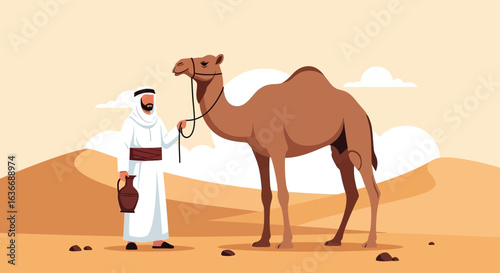 Arabian Man Leads His Camel Through The Desert Sands Landscape Graphic