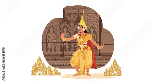 Apsara Dancer in Traditional Dress with Ornate Background in Southeast Asia