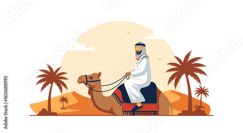 Arabian Man Rides Camel Through Desert With Palm Trees And Sandy Dunes