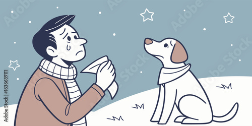 Heartbroken man wipes away tears with his dog looking on with concern in a winter scene