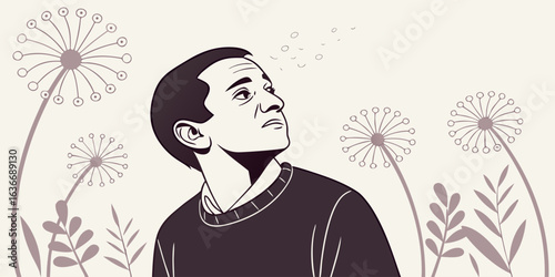 Man looking up at dandelions with hopeful expression in graphic novel style illustration, peaceful and introspective