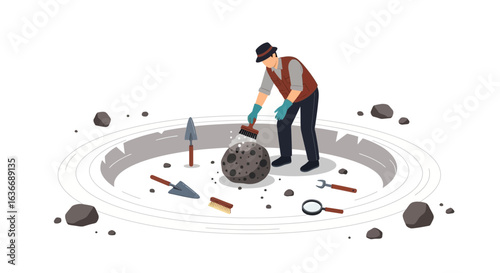 Archaeologist Unearthing Ancient Discovery With Tools On Site Illustration