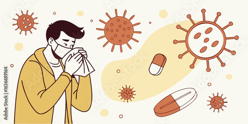 Stay safe and healthy with this illustration of a person with virus and pills for health campaign