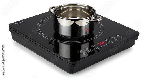 Modern Induction Cooktop with Stainless Steel Pot for Efficient Kitchen Cooking and Meal Preparation on a White Background