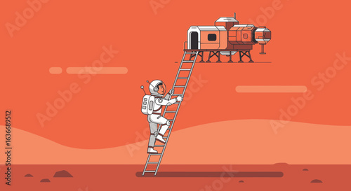 Astronaut climbing ladder to Martian base, space exploration and colonization concept represented