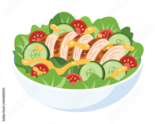 Delicious grilled chicken salad with fresh vegetables and dressing