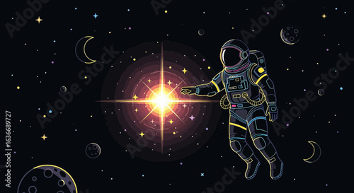 Astronaut Explores Deep Cosmos Reaching Out To A Distant Shining Star