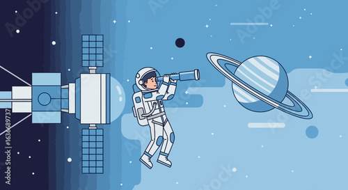 Astronaut Explores Space And Observes Distant Planets With His Telescope
