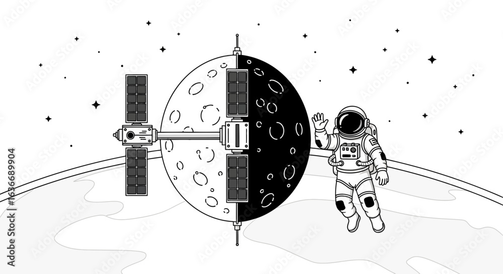 Obraz premium Astronaut Floating And Waving Beside Station And Half Moon In Space Scene