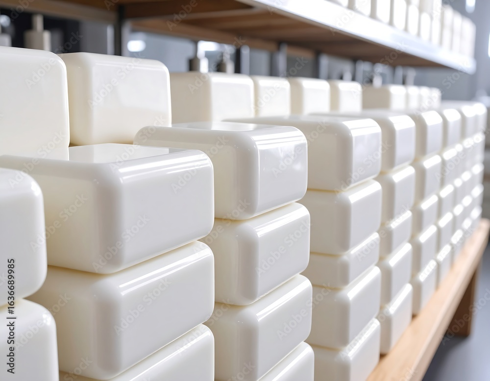 Fototapeta premium Stacked white soap bars on shelves