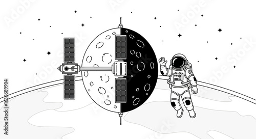Astronaut Floating And Waving Beside Station And Half Moon In Space Scene