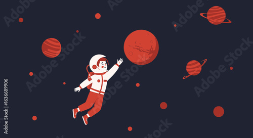 Astronaut exploring the cosmos, reaching out to a planet in an artistic illustration with cosmic background and planets