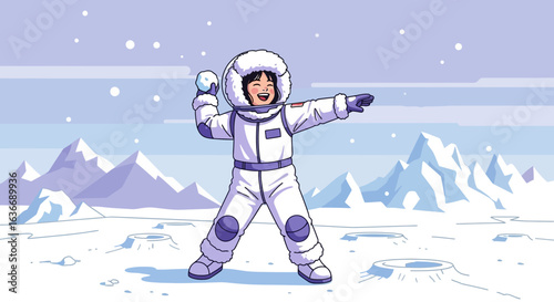 Astronaut girl enjoying snowball fight on the lunar surface cartoon illustration