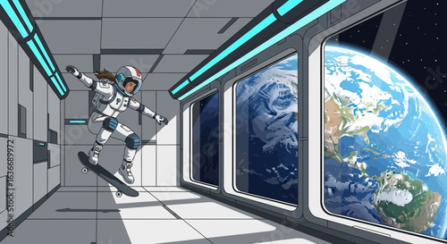 Astronaut Girl Skateboarding In Space Station With Earth View Window