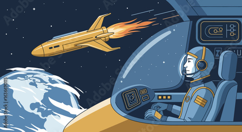 Astronaut in spaceship cockpit, space exploration and future technology concept illustration