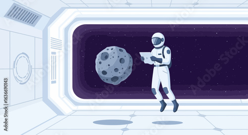Astronaut inside a futuristic spaceship observes an asteroid in deep space exploration