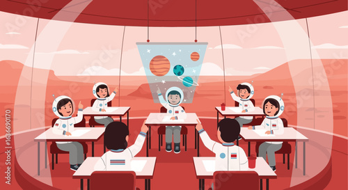 Astronaut kids are in the classroom on Mars learning about the solar system in future education inside a Mars dome