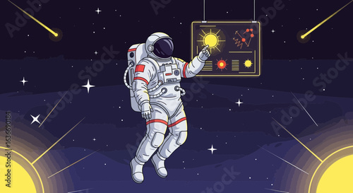 Astronaut Interacting With Holographic Display Exploring Solar System Data In Deep Space