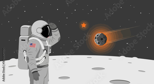 Astronaut Observes a Space Phenomenon on a Distant Planetary Body Surface