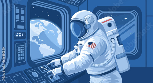 Astronaut operates controls in a spaceship with planet earth and stars visible outside window