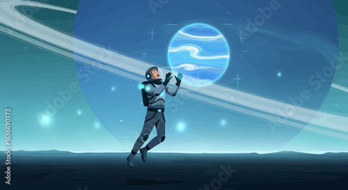 Astronaut Reaching For A Glowing Planet In An Alien World Exploration