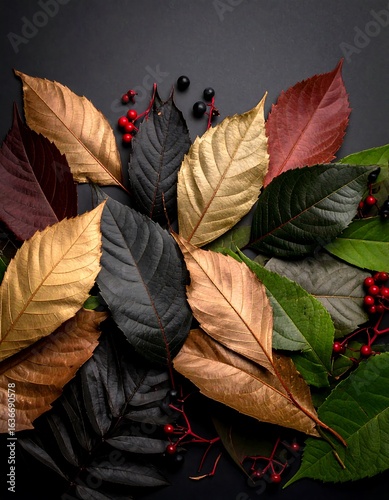 Autumn leaves arranged on dark background