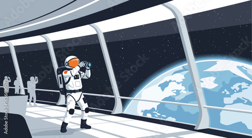 Astronauts Admiring Earth View From Space Station Observing and Taking Photo