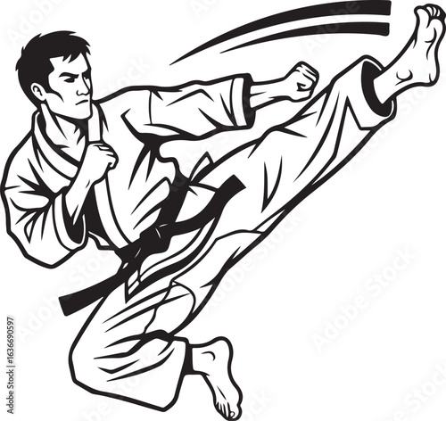 Karate athlete executing a flying kick. Vector Illustration