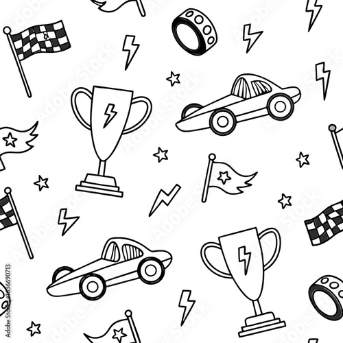 Exciting racing theme pattern with trophy, car, flag, lightning, star, and wheel for vibrant designs