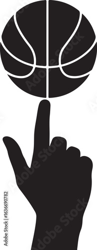 Black Silhouette of Hand Spinning Basketball on Index Finger, Isolated on White Background