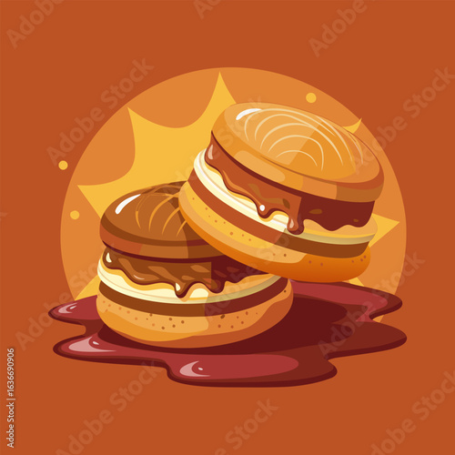Delicious chocolate covered sandwich cookies with a creamy filling. displayed against an orange background with a sunburst effect. Two delectable treats with melted chocolate drizzling down.