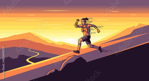 Athlete Running Through Mountainous Terrain During Sunrise Promoting Fitness And Endurance