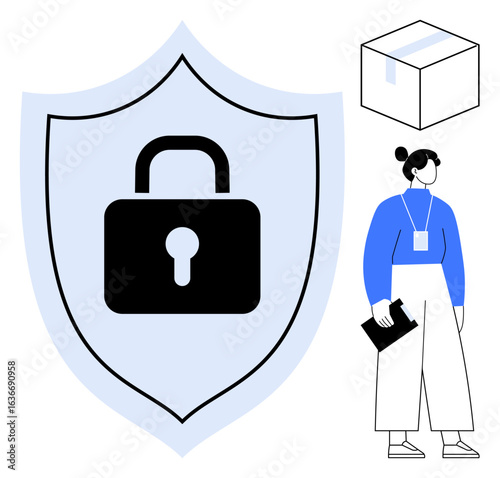 Shield with central lock symbol, woman with clipboard, and closed box. Ideal for security, delivery, logistics, privacy, responsibility protection reliable service. Clean simple flat metaphor