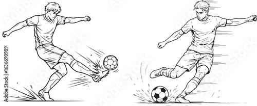 Black and white illustration of a soccer player kicking the ball, vector art
