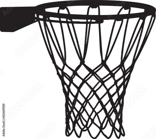 Black Silhouette of Hanging Basketball Net without Backboard, Isolated on White Background