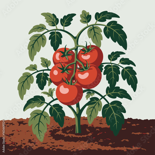 Ripe red tomatoes growing on a healthy plant in rich soil