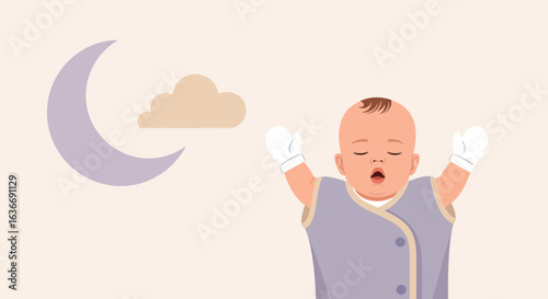 Baby Asleep In The Night With Moon And Clouds In The Background