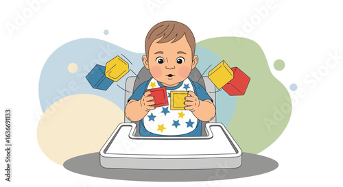 Baby Boy In Highchair Enjoying Playtime With Colorful Geometric Cubes