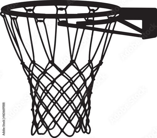 Black Silhouette of Hanging Basketball Net without Backboard, Isolated on White Background