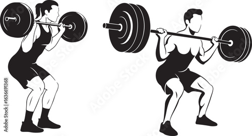 Black and white vector illustration of weightlifters performing squats.