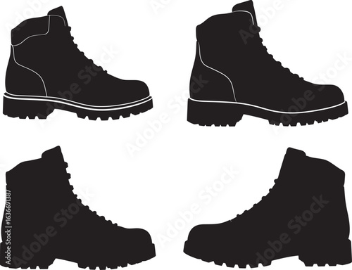 Four black work boots in silhouette style