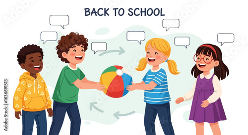Back To School Joyful Pupils Exchange Ball After Summer Vacation