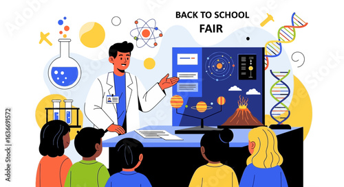 Back to school science fair illustration with teacher explaining science lesson and student audience learning at school during fair
