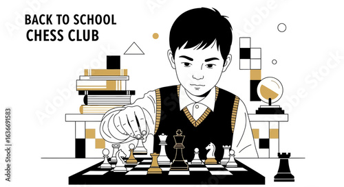 Back To School Young Boy Concentrating On Playing Chess Match With Concentration