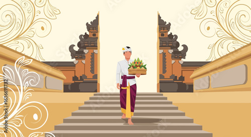 Balinese Offering Ceremony Man Ascending Temple Steps with Cultural Presentation