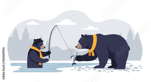 Bears Fishing In Winter Scene Cartoon Illustration For Children's Stories