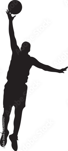 Black Silhouette of Basketball Player Jumping for a Rebound, Arms Reaching High, Isolated on White Background