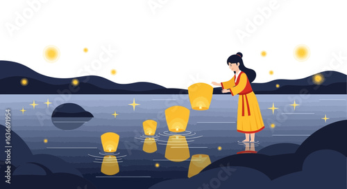 Beautiful cartoon illustration of a woman releasing sky lanterns over a tranquil lake landscape at nightfall creating a magical ambiance