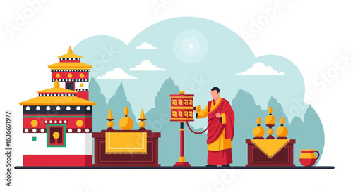 Bhutanese Monk Spinning Prayer Wheel in Front of a Traditional Monastery Temple Landscape, flat style vector illustration design